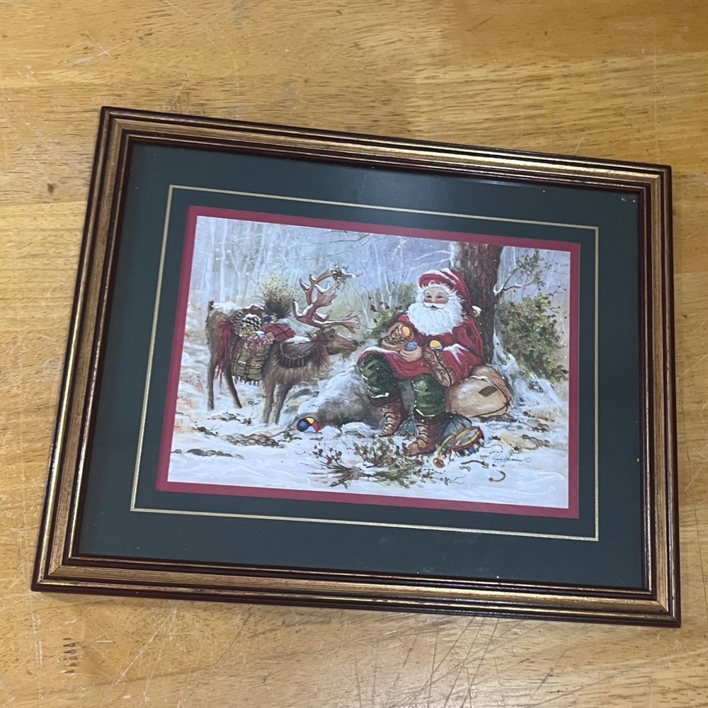 Vtg Home Interiors Peggy Abrams‎ Santa Reindeer Framed Print Christmas 15x12
